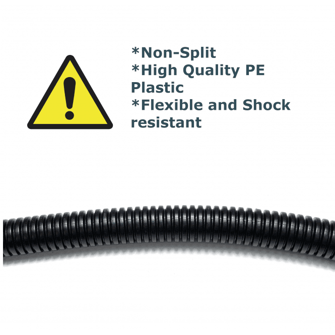 Split Conduit Cable Trunking - 21.3mm ID Black Flexible Plastic Tube For Organising Wires (10m Roll)