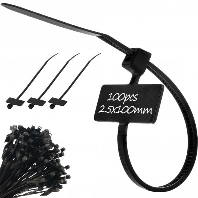 Marker & Labelling Cable Ties - Black 2.5mm x 100mm, Pack of 100, Strong & Waterproof