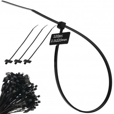 Marker & Labelling Cable Ties - Black 2.5mm x 200mm, Pack of 100, Strong & Waterproof