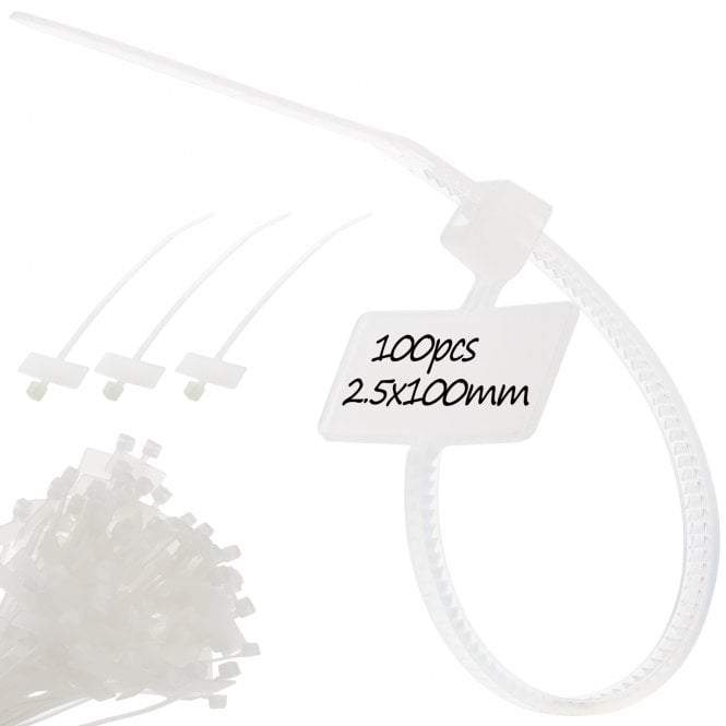 Marker & Labelling Cable Ties - Natural (White) 2.5mm x 100mm, Pack of 100, Strong & Waterproof