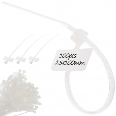 Marker & Labelling Cable Ties - Natural (White) 2.5mm x 100mm, Pack of 100, Strong & Waterproof