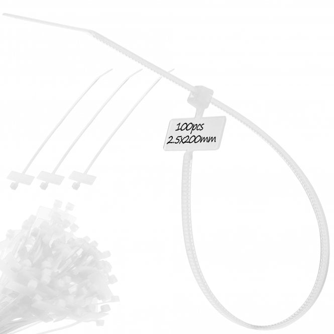 Marker & Labelling Cable Ties - Natural (White) 2.5mm x 200mm, Pack of 100, Strong & Waterproof