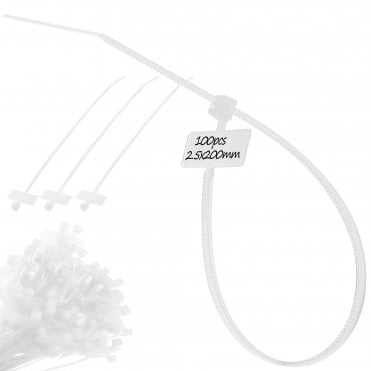 Marker & Labelling Cable Ties - Natural (White) 2.5mm x 200mm, Pack of 100, Strong & Waterproof