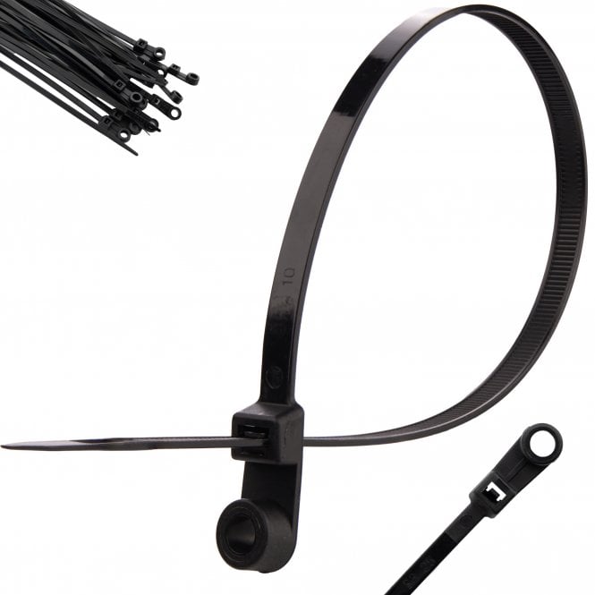 Mountable Head Screw Mount Cable Ties - Black - 3.6mm x 145mm, 100-Pack